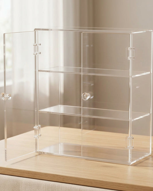 Zwms Clear Acrylic Double-Door Cosmetic Cabinet with 3 Shelves - Lifestyle view