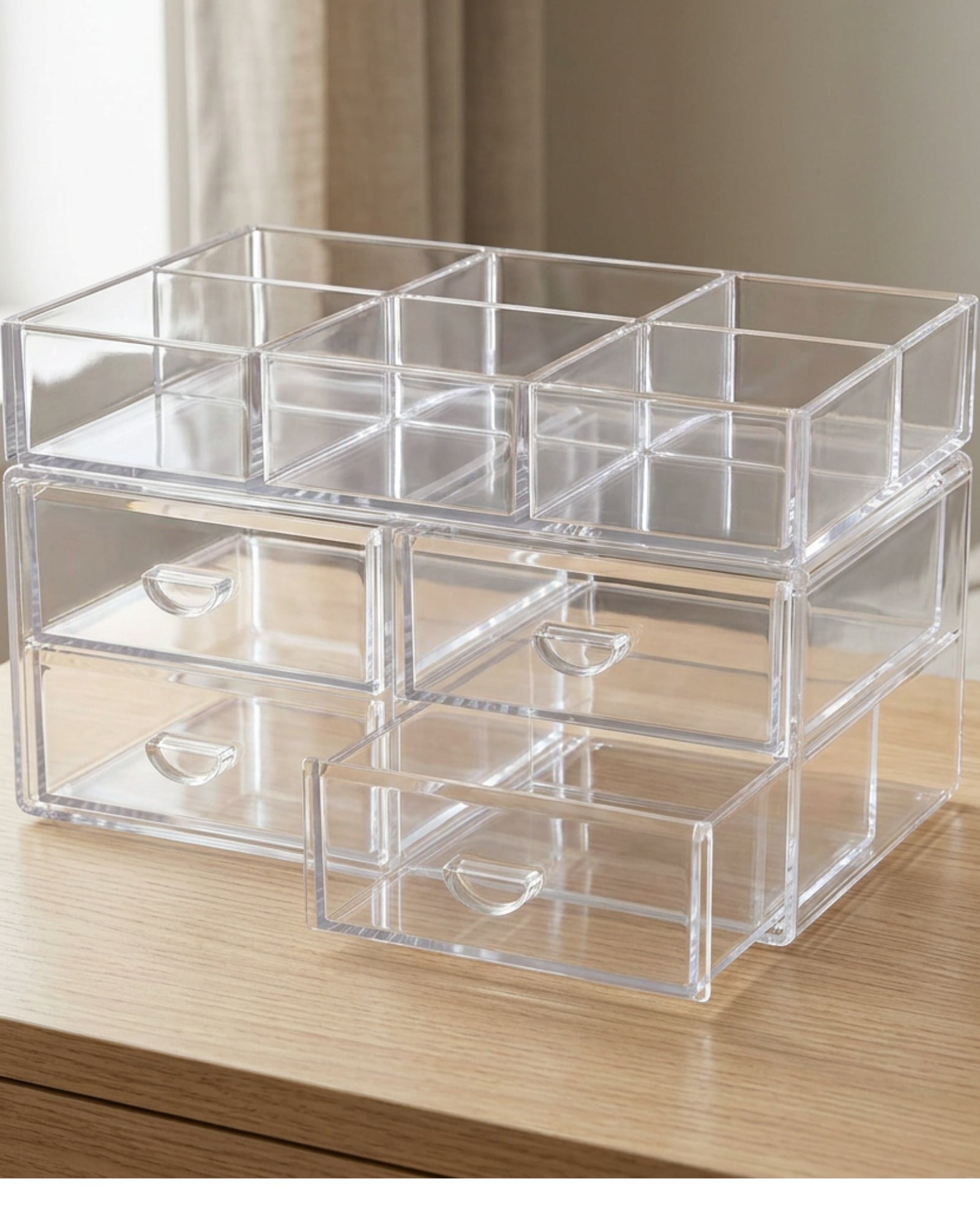 Zwms Clear Acrylic Four-Drawer Cosmetic Chest with 6 Upper Compartments - Lifestyle view
